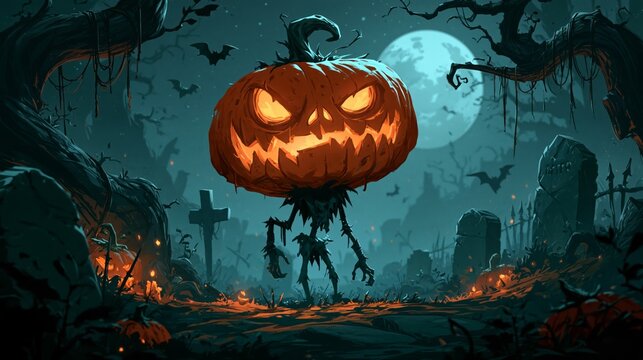 Spooky Pixel Art Pumpkin Head Monster In A Dark Cemetery At Night Under Full Moon Halloween Theme