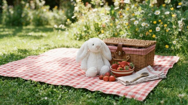 A charming picnic scene with a plush white bunny toy and fresh strawberries on a checkered blanket