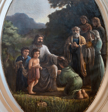 Cetara -  The fresco Jesus among the children in the church Chiesa di San Pietro by unknown artist of 20. cent.
