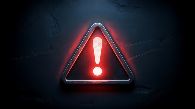 Illuminated red exclamation mark centered in a metallic triangle frame on a dark textured wall background, representing a digital, safety alert