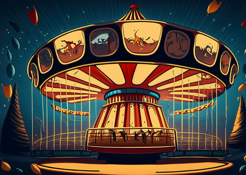 Illustrazione vintage di una giostra di canci illuminated al luna park di notte 230