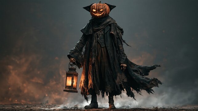Spooky Pumpkin Head Character In Tattered Black Robes Holding An Old Glowing Lantern In Dark Fog