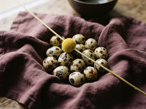 Quail eggs on burgundy linen, rustic still life food photography with billy ball flower, farm fresh ingredients