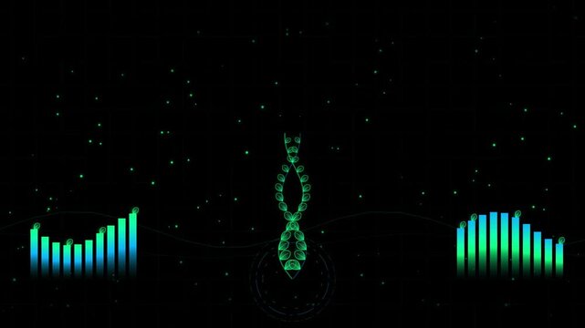 Digital DNA helix with audio spectrum equalizer visualization with motion background.