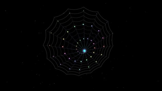Abstract glowing spiral web animation with colorful particles on motion  black background