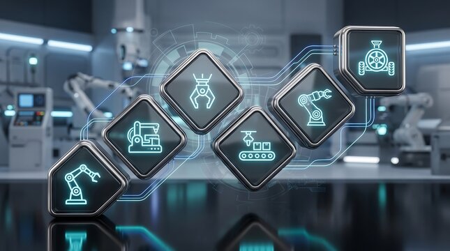 Industrial robotics and manufacturing automation process icons on glowing diamond shaped tiles