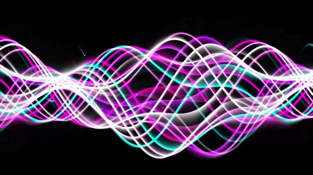 Neon abstract wave motion background, with glowing purple and cyan light trails
