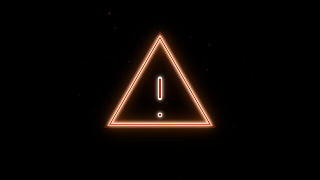 Neon warning sign with exclamation mark glowing on dark motion background