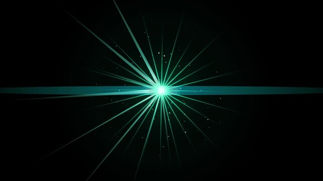 Radiant cyan starburst light effect with glowing particles on motion black background