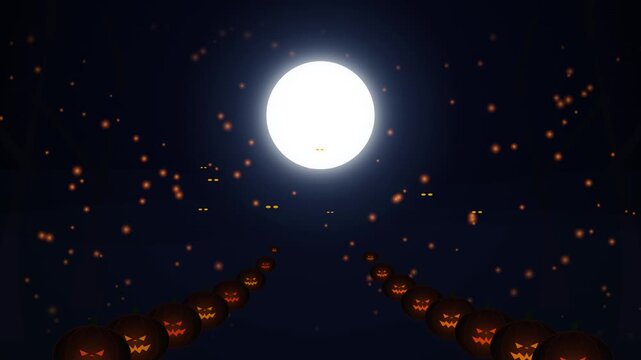 Spooky Halloween night background, with glowing jack-o-lanterns, and full moon with motion background