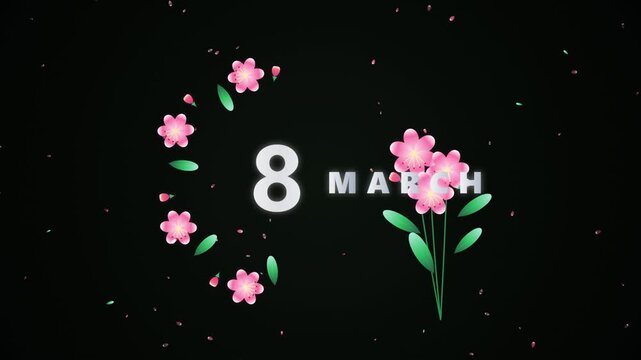 8 march international women's day greeting with pink flowers and falling petals motion animation