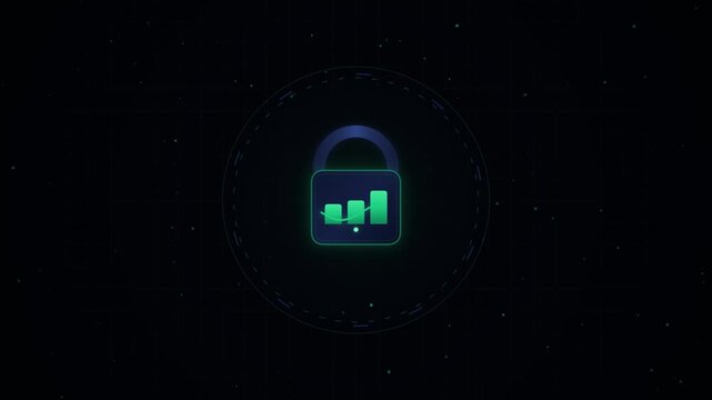 Digital data security concept with glowing financial growth chart and motion padlock