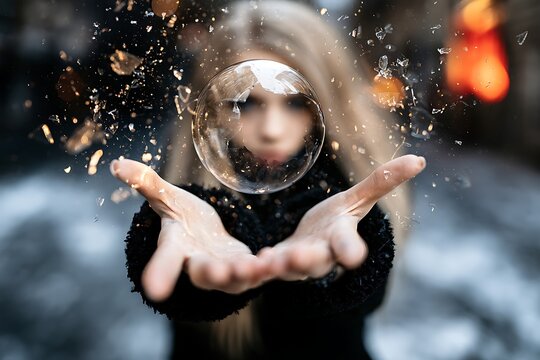 Woman creating magic breaking glass sphere with hands