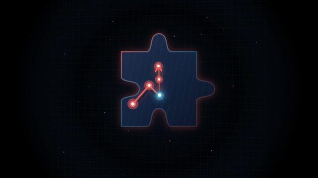 Digital puzzle piece with glowing network nodes and data connection motion animation