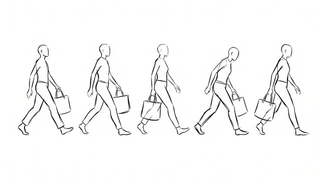 Line art illustration of a person walking while carrying a shopping bag.