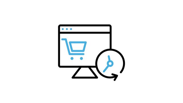 Animated online shopping history list icon. Monitor with clock and cart animation video to track, buy or shipping time, purchase schedule for app and website. Motion graphics with alpha channel