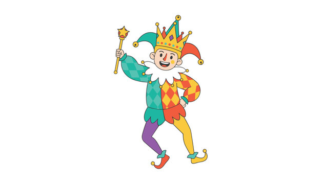 Clown jester holding a magic wand and dancing in a colorful medieval costume with a bell hat on white background.