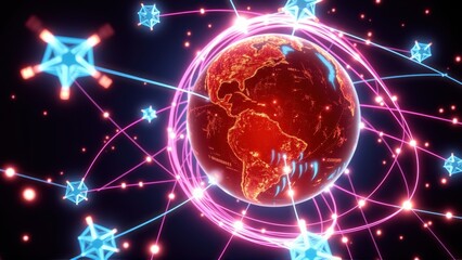Fototapeta premium Glowing Earth surrounded by vibrant network connections, stars. Digital illustration depicts global communication, technology.