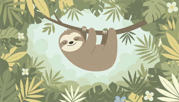 Cute brown sloth hanging on a branch in a lush tropical jungle surrounded by green leaves and white flowers.
