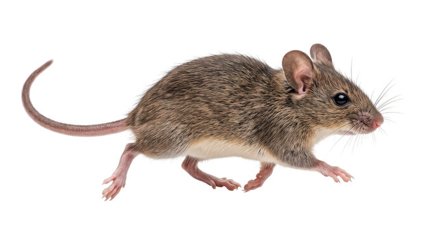 A brown mouse in motion, running with tail extended on white solated on transparent background