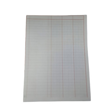 A top-down view of a blank accounting ledger paper sheet featuring red vertical and horizontal grid lines, isolated on a clean transparent background.