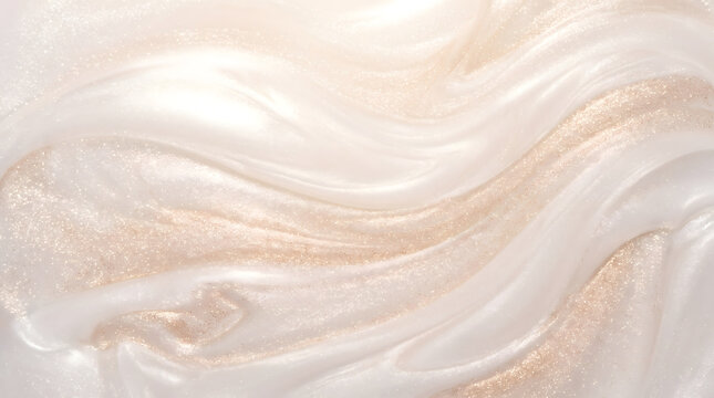 Pearly white liquid texture with shimmering gold swirls, elegant iridescent cosmetic cream background, luxury satin silk wave pattern for beauty branding
