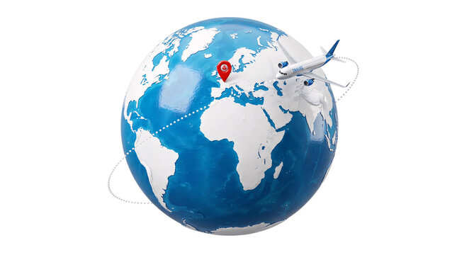 Airplane flying around globe with pin in europe solated on transparent background