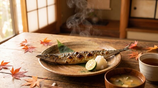 大葉とすだちを添えて陶器の丸皿に盛られた秋刀魚の塩焼き