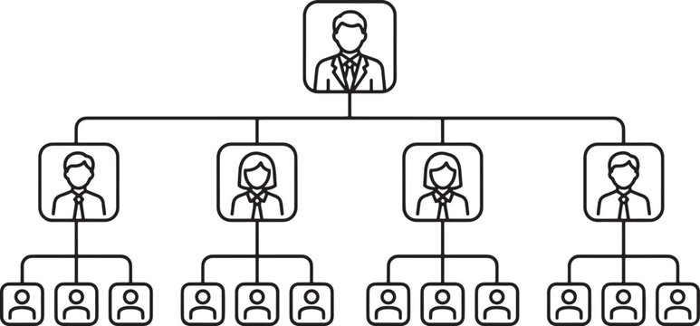 Corporate organizational chart showing business hierarchy and management structure tree with company tree team structure line art black and white business people management
