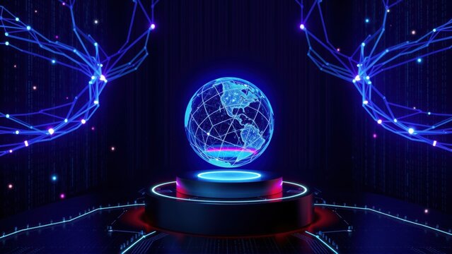 Glowing globe floats above pedestal. Digital lines form wings, background shows binary code. Futuristic, vibrant scene.