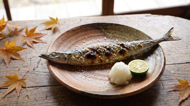 丸い和陶器皿に盛られた皮目がパリッと香ばしいサンマの塩焼き