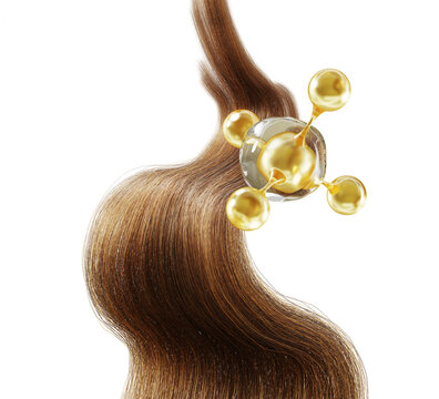 Long brown hair wave strand lock with gold molecule in clear water bubble. Cosmetic beauty lab 3d background. Biotin peptide shampoo drop, oil serum formula, keratin hair care mask