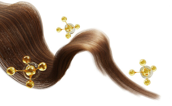 Realistic smooth brown wavy 3D hair strand with floating shiny gold molecules. Hair care serum drops, vitamin oil treatment, repair cosmetic essence. Beauty science lab background