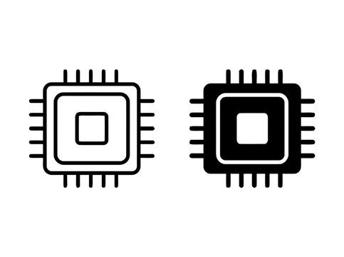 CPU chip icon set with outline and solid fill for technology concepts