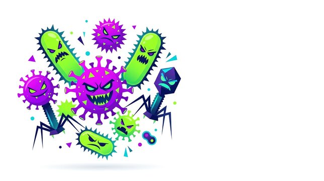 Dynamic vector illustration depicting a menacing array of colorful cartoon viruses and bacteria, symbolizing microscopic threats, infectious diseases, and pathogen concepts