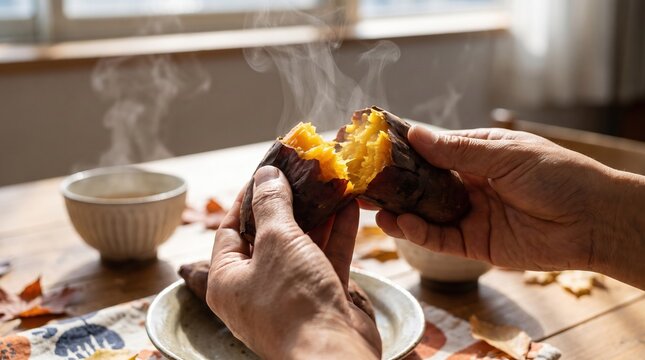 しっとり甘い黄金色の果肉が見える焼き芋を割る手元のクローズアップ