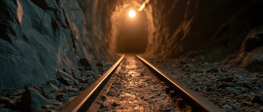 Illuminated Underground Mine Tunnel with Railroad Tracks Leading Towards a Distant Light