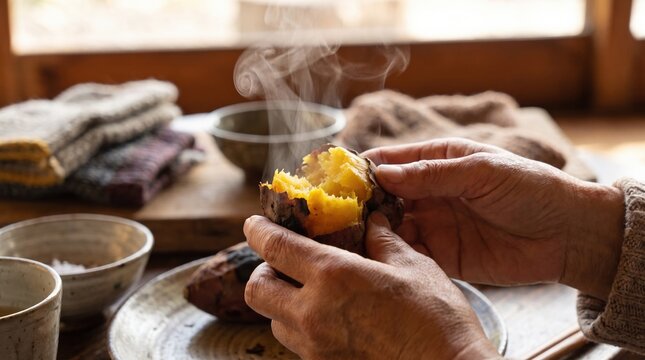 湯気が出るアツアツの石焼き芋を手で割る美味しそうなシーン