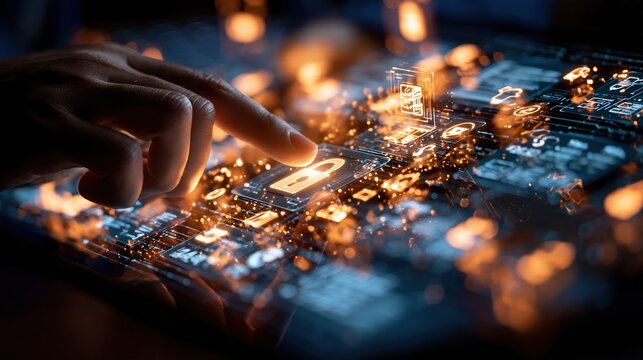 Close-up of a finger touching a glowing digital interface with security icons and futuristic data streams