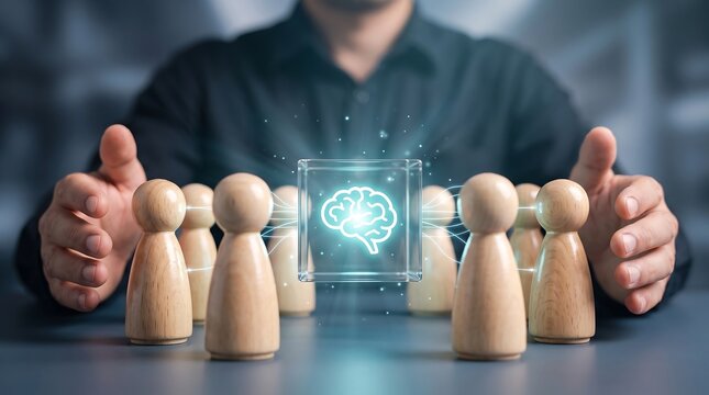 Businessman hands protecting wooden figurines connected to glowing human brain icon inside glass cube representing cognitive computing and artificial intelligence in team management strategy