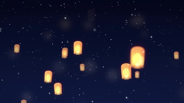 Golden Christmas Lanterns Rising in Night Sky with Snow
