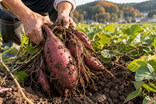 畑の豊かな土から大きな紅あずま・さつまいもを収穫する農家の手元