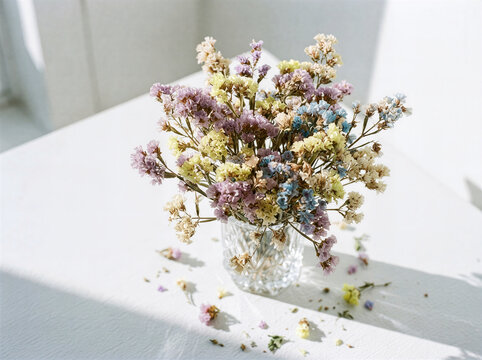 Dried statice flowers bouquet in glass vase on white table, bright natural sunlight with shadows, minimalist home decor