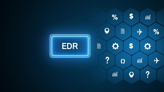 Glowing blue digital button displaying the acronym EDR against a dark blue background with a honeycomb grid of white representing finance and technology concepts