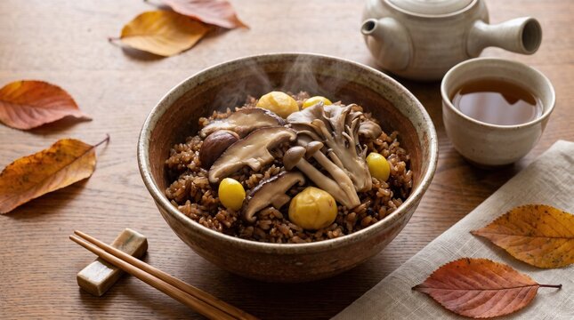 キノコと栗がたっぷり入った秋の和風炊き込みご飯 陶器碗の盛り付け
