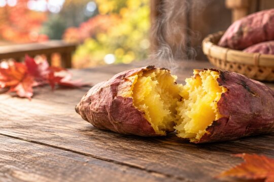 湯気立ちのぼるアツアツの焼き芋を半分に割った黄金色の断面