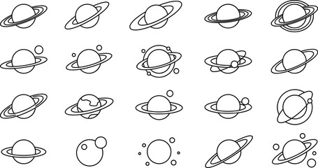 Collection of Saturn Planet and Outer Space Astronomy Ring Systems Outline Vector Icons for Cosmic Logo Designs © MDJAHIDUL