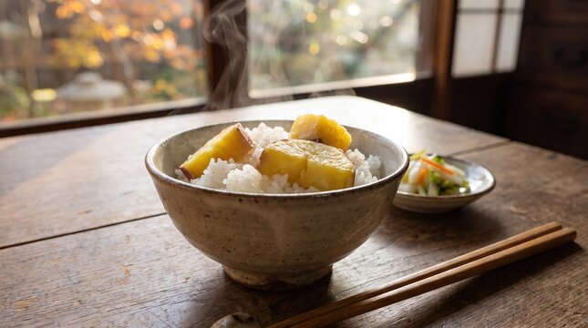 素朴で温かみのある陶器碗に盛られたさつまいもご飯