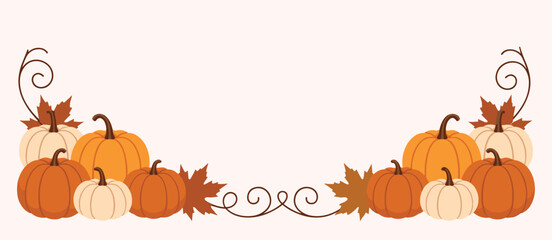 Obraz premium Decorative autumn harvest border featuring cute pumpkins and maple leaves arranged in a horizontal fall themed frame