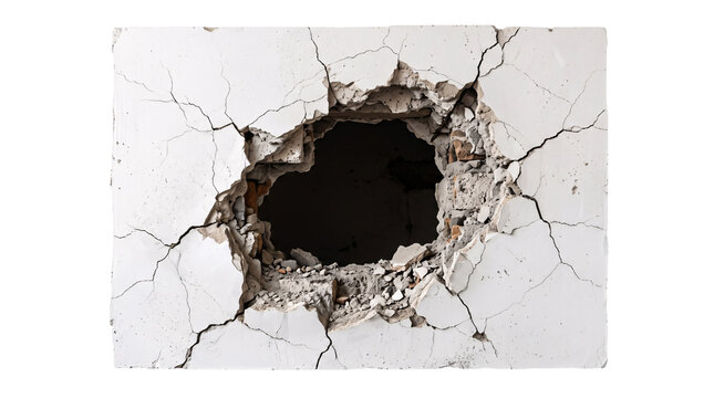 Cracked white wall with a large circular hole revealing dark solated on transparent background